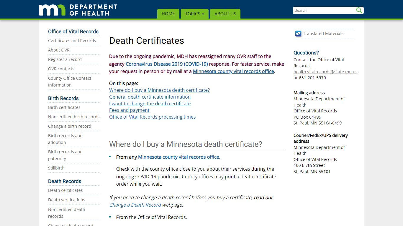 Death Certificates - Minnesota Dept. of Health - Department of Health